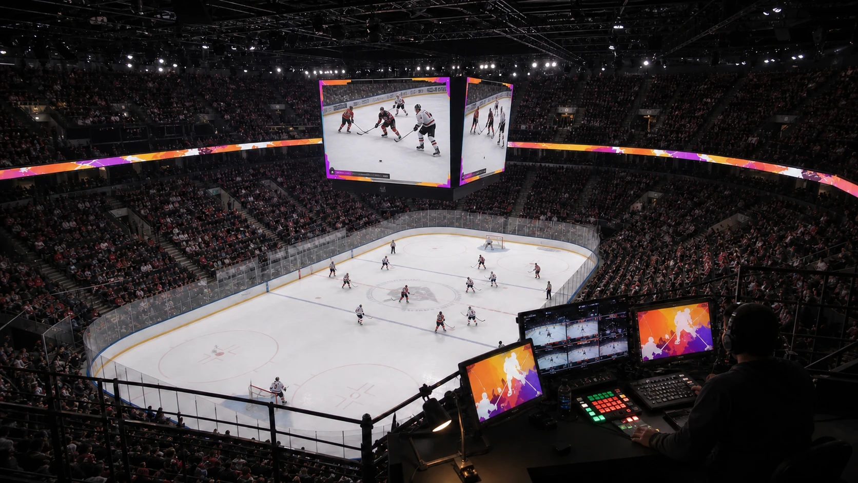 Illustration promotionnelle d’une patinoire de hockey sur glace, d’un cube vidéo central montrant le match et d’une régie audiovisuelle