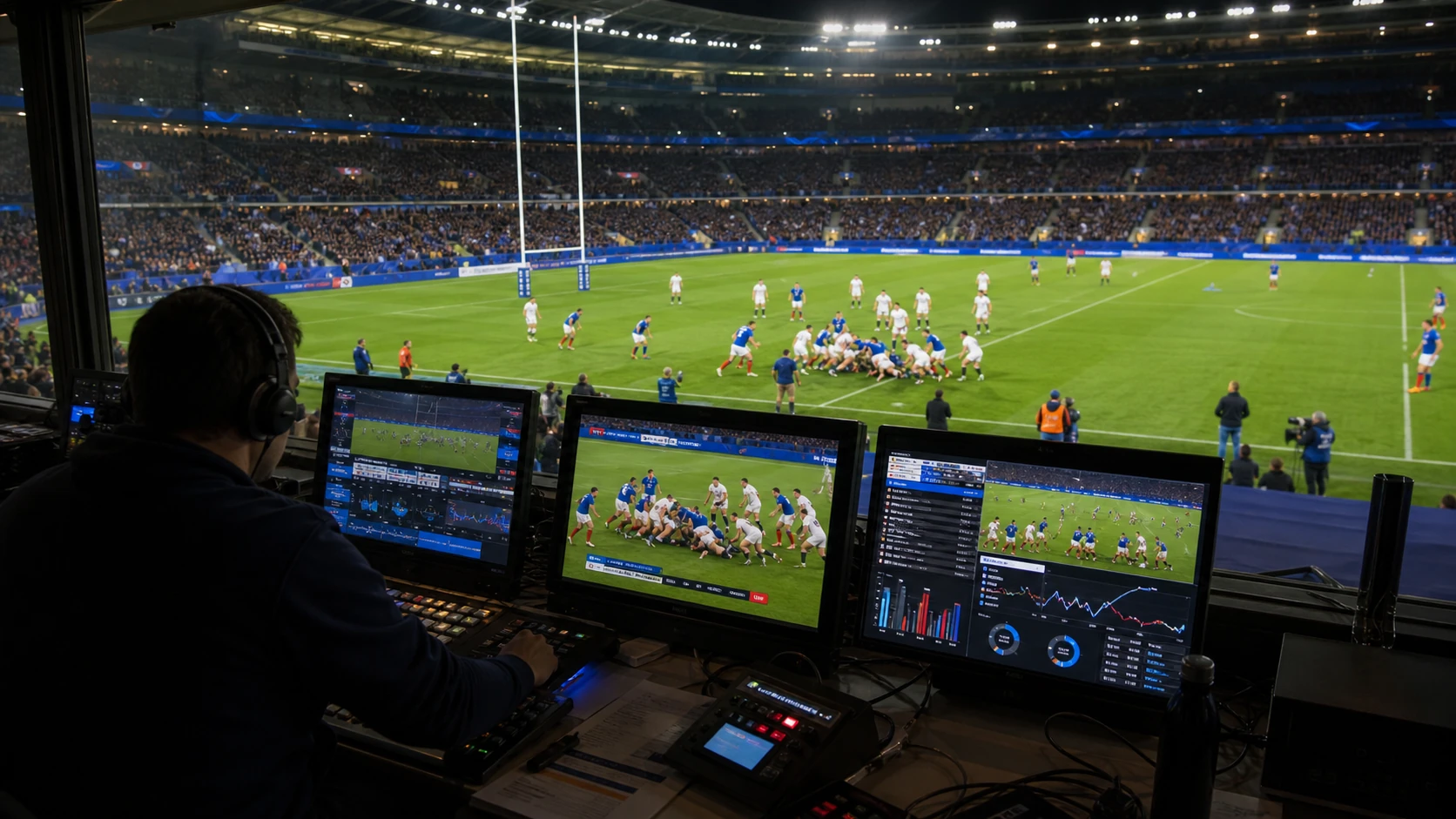 Illustration promotionnelle d’une régie de rugby face au terrain, avec flux de match et données en direct sur les écrans